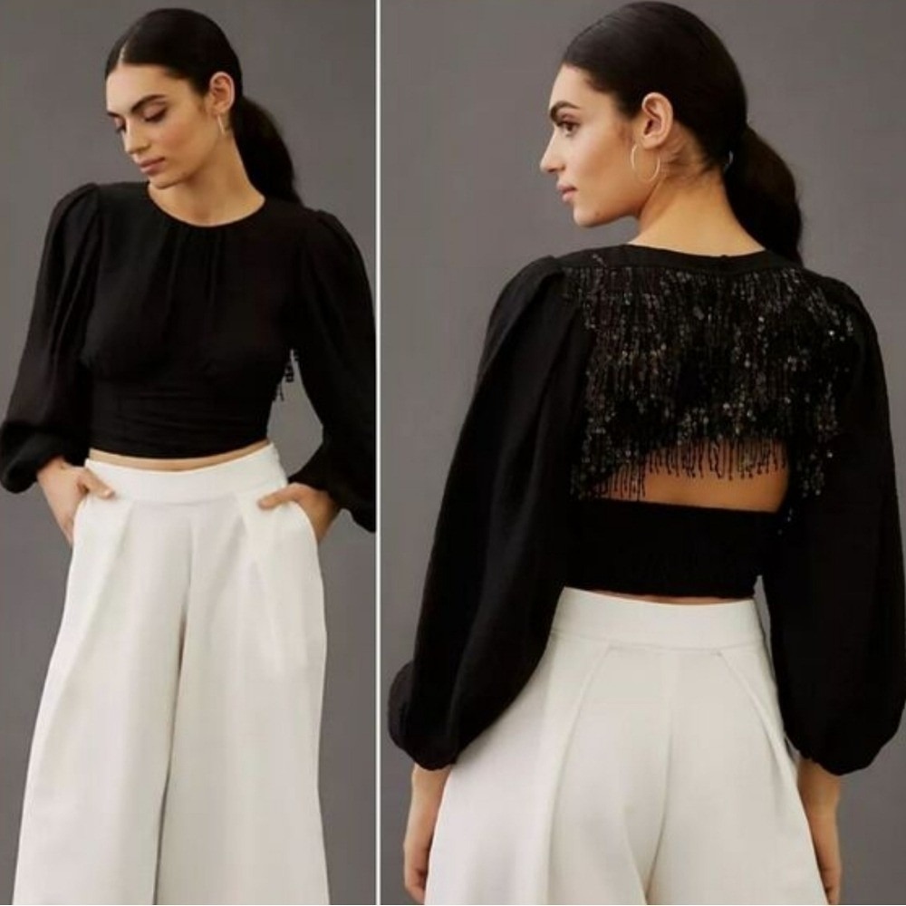 Anthropologie NWT Current Air Black Sequin Back Blouson Sleeve Top SZ Large Glam
